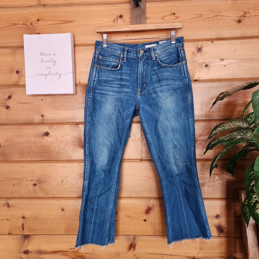NoEnd Denim Farrah Kick Flare Jeans USA Cropped Ankle Raw Hem Boho Size 26 X 24"